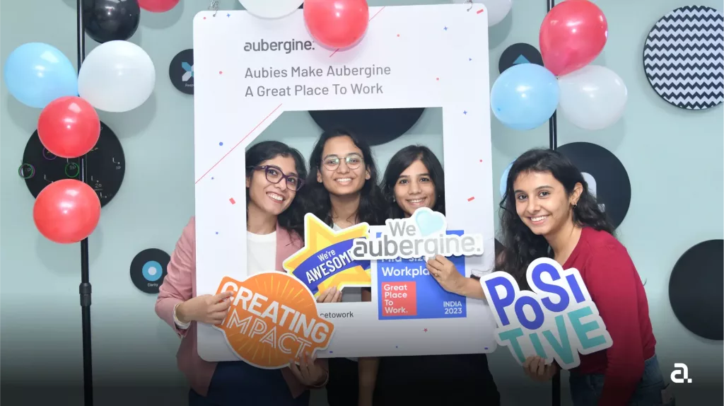 Bhakti Dudhara, Aubergine Co-founder and CDO, celebrating recognition from Great Place To Work with other proud women employees at Aubergine Solutions