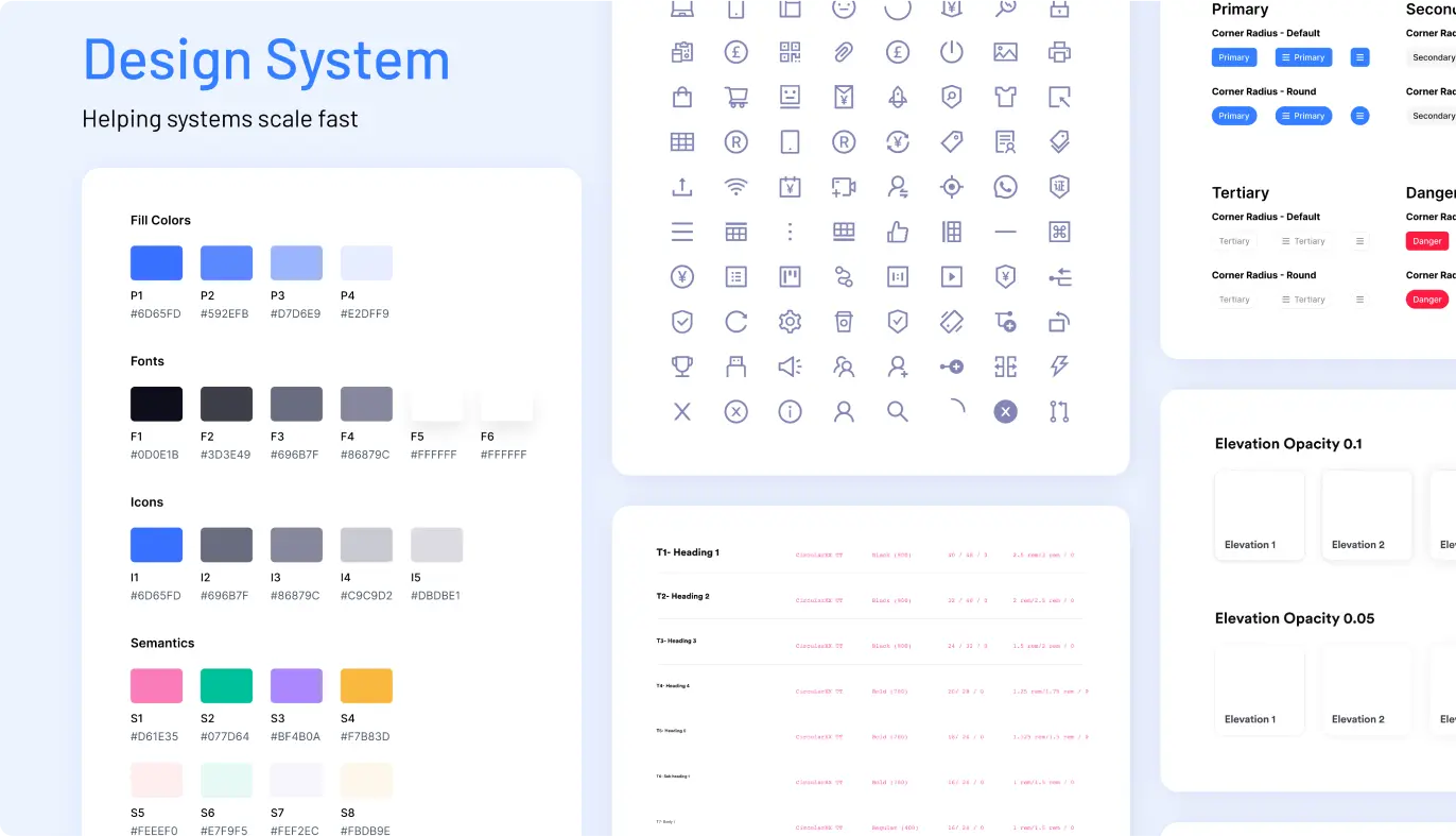 Design system collage with some font, typography, icons and elevations on a few cards.