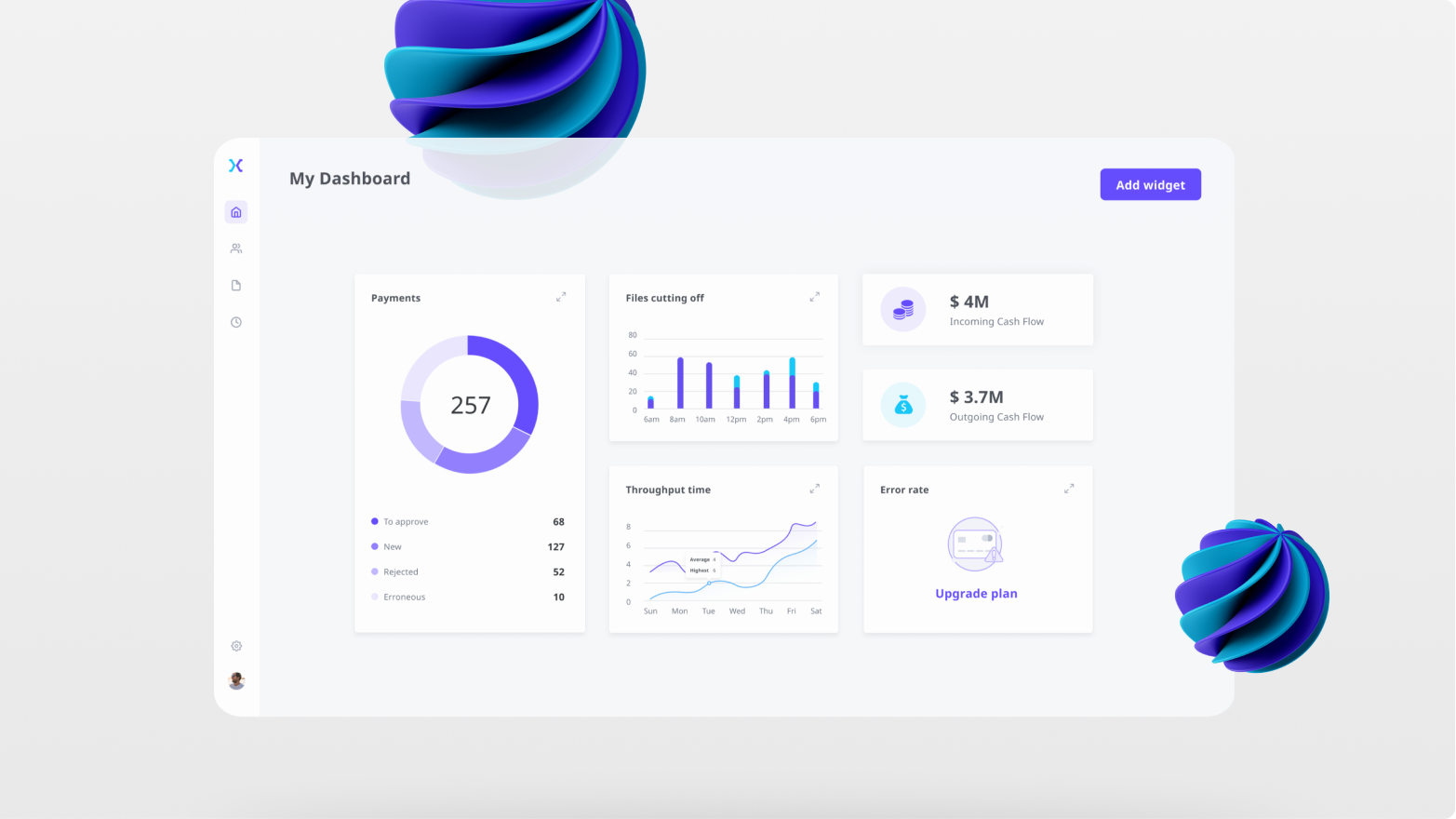 Dashboard interface design in light white and purple theme.